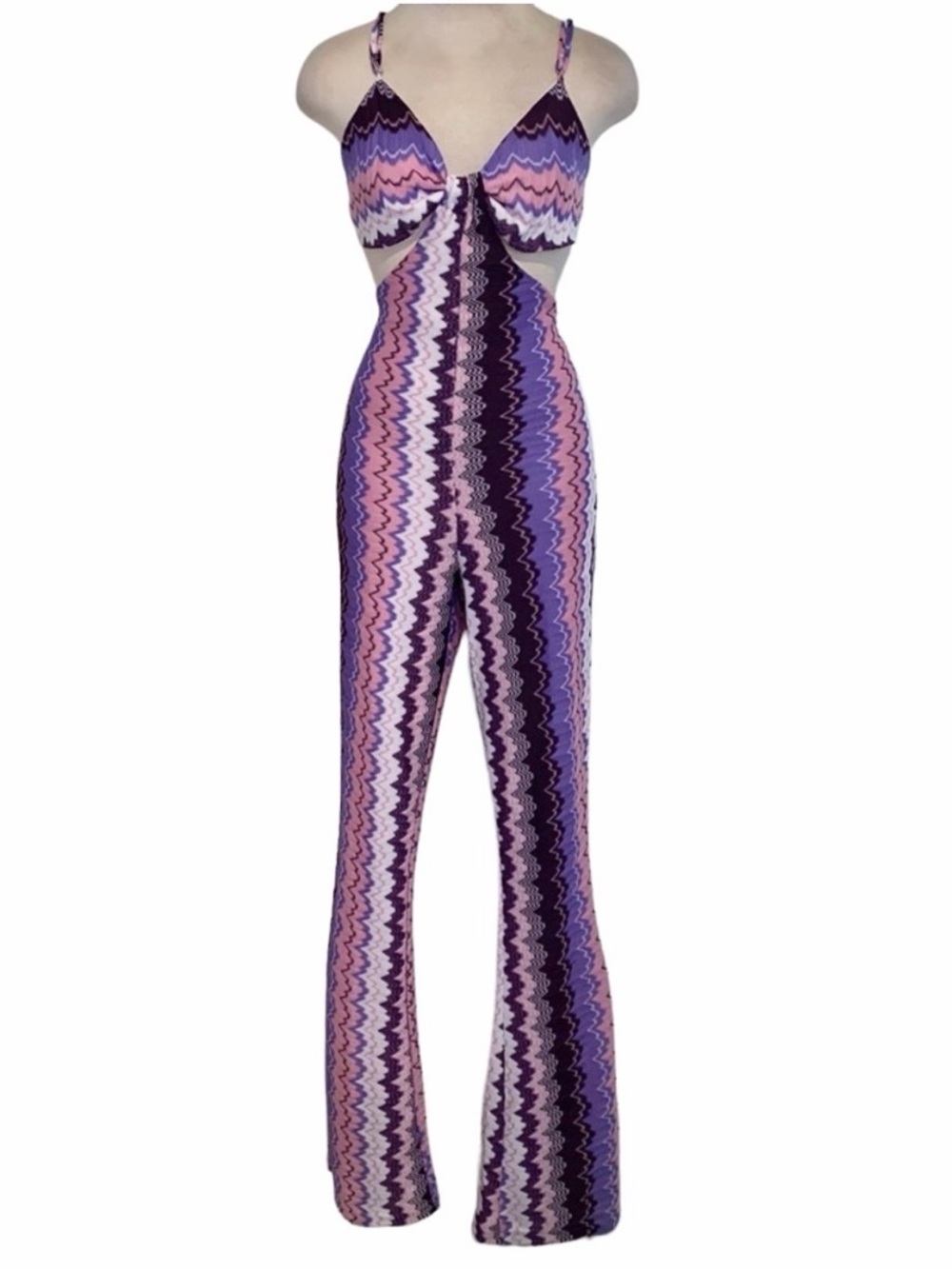 L.I.F.E Purple Zigzag Boho Festival Cutout Knit Jumpsuit Sz L